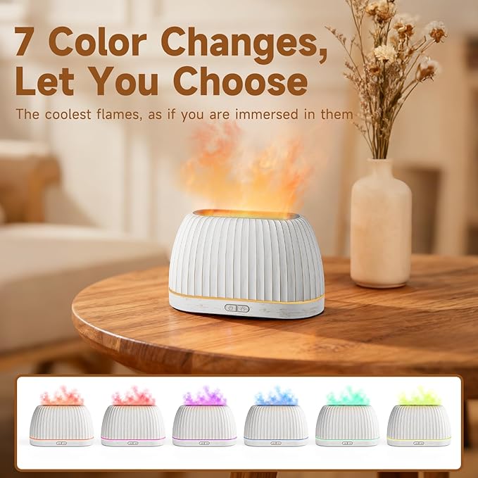 Essential Oil Diffuser, Flame Effect Aromatherapy Diffuser with 7-Color LED Lights & Auto Shut-Off, Ultrasonic Diffusers for Home, 120ml Samll Scent Diffuser for Essential Oils - White