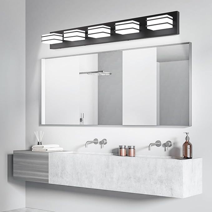 3 Color Temperature Dimmable Vanity Lighting Fixtures, LED Black 5 Light Bathroom Vanity Light Fixtures, Acrylic Stainless Steel Square Shade Vanity Lights for Bathroom, ETL Certificated