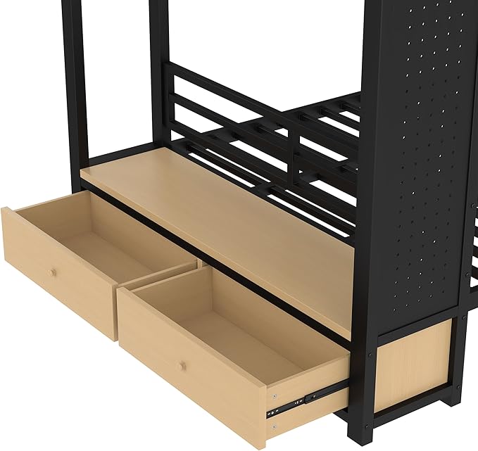 Bellemave Full Over Full Metal Bunk Bed with Storage Drawers and Shelves, Heavy Duty Bunk Beds with Pegboard and Coat Rack for Kids, Adults,Black、