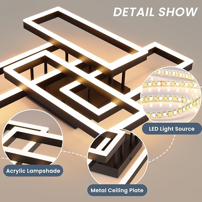 Modern Led Ceiling Light for Living Room,Black Flush Mount Ceiling Lights with Remote Control&APP，3000-6500K Dimmable, 54W Acrylic Ceiling Lamp for Bedroom Kitchen Dining Room