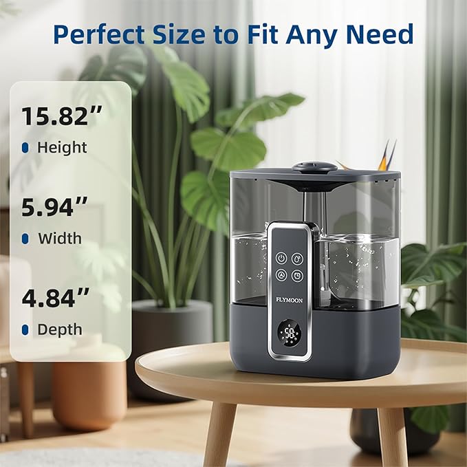 FLYMOON Humidifier for Bedroom, Top Fill 5L Cool Mist Humidifiers with 28dB, Humidifier for Large Room with Leak-Proof, Auto-Off, 12H Timer, 50 Hour Runtime,Tuya App Control, Black