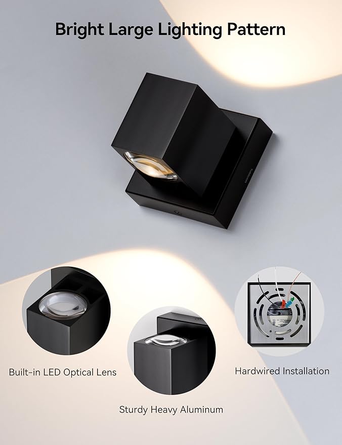 Tubicen Wall Sconces Indoor Hardwired Dimmable Movie Theater Sconces Lighting Square Modern 10W Bright LED Up and Down Wall Lights for Living Room Hallway Stairway 3000K Wide Area Illumination