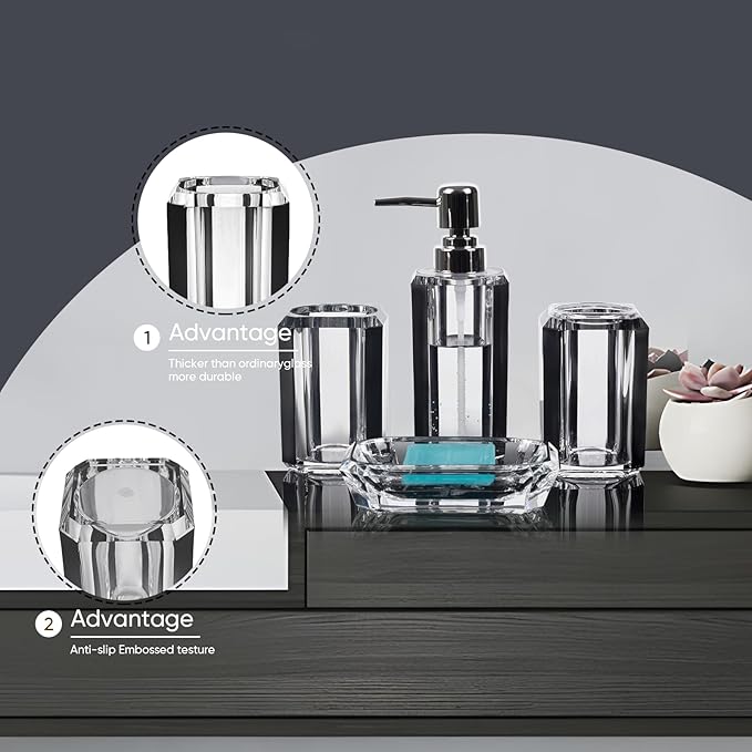 4-Piece Black Bathroom Accessories Set — Soap Dispenser, Soap Dish, Mouthwash Cup & Toothbrush Holder, Glossy Acrylic with Brushed Black Accent, Gift-Ready Home Decor