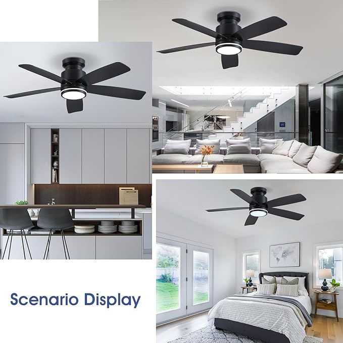 46 Inch Black Flush Mount Ceiling Fan with Light, 5 Blades Reversible Fan, 6-Speed & 2-Hour Timer, Remote Control, 3 CCT Dimmable for Living Room Bedroom