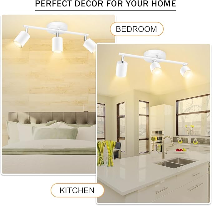 BoostArea LED 3 Light Track Lighting Kit, White 3 Way Ceiling Spot Lighting, Flexibly Rotatable Light Head for Kitchen, Living Room, Bedroom, GU10 Bulb Not Included
