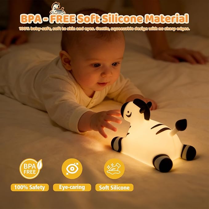Zebra Silicone Night Light, Kawaii LED Cute Bedside Night Lights Squishy Touch Control USB Rechargeable Dimmable Lamp with Timer for Bedroom Animal Decor Adults Birthday Gifts Party Travel