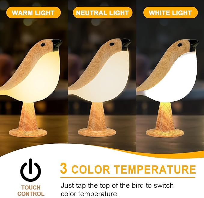 Cute Bird Table Lamp with Timer, Touch Bedside Lamp, Brid Night Light, Cordless Small Desk Lamps Battery Operated Nightstand Lamps, 3-Way Dimmable Light, Rechargeable Decorative Desk Lamp