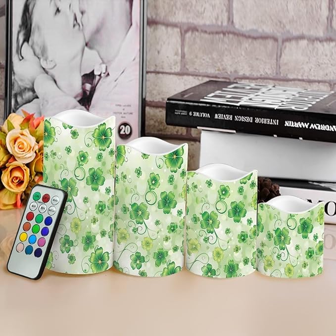 Saint Patrick's Day Green Leaf Plastic Flameless Candles with Remote Control and Timer LED Flickering Battery Electric Pillar Candles for Table St. Patrick's Day Decoration
