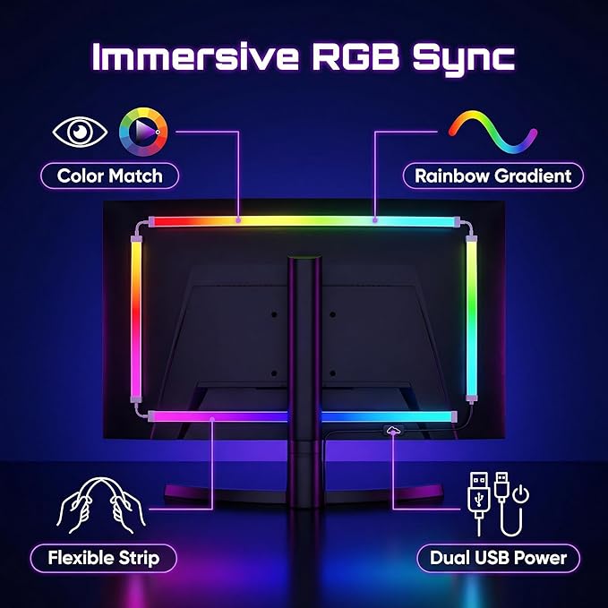 RGB Monitor Backlight with Screen Sync for 32 Inch Screens, Dual USB Powered LED Ambient Lighting Kit, Music Rhythm & Dynamic Modes, Immersive Bias Lighting for Home Office Gaming (4 Sides - 32 inch)