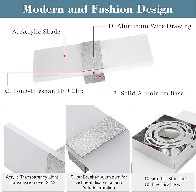 Lightess Dimmable Wall Sconces Set of 2, Modern LED Wall Lamp 12W for Hallway Bedroom Living Room, Cool White, HS821-2