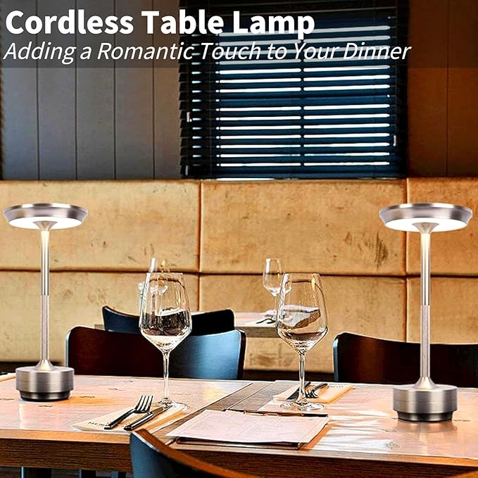 Cordless LED Table Lamp, Rechargeable Touch Control Desk Lamp Battery Operated Nightstand Night Light with Dimmable Brightness for Living Room, Home Office, Restaurant (Silver)