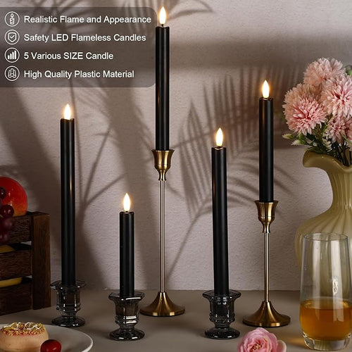 10 Pcs Flameless Taper Candles with Remote Battery Operated Taper Candles Include 6.5'' 7.7" 8.9" 10" 11.2" Fake LED Electric Candle Sticks for Valentine's Day Home Wedding Decor (Black)