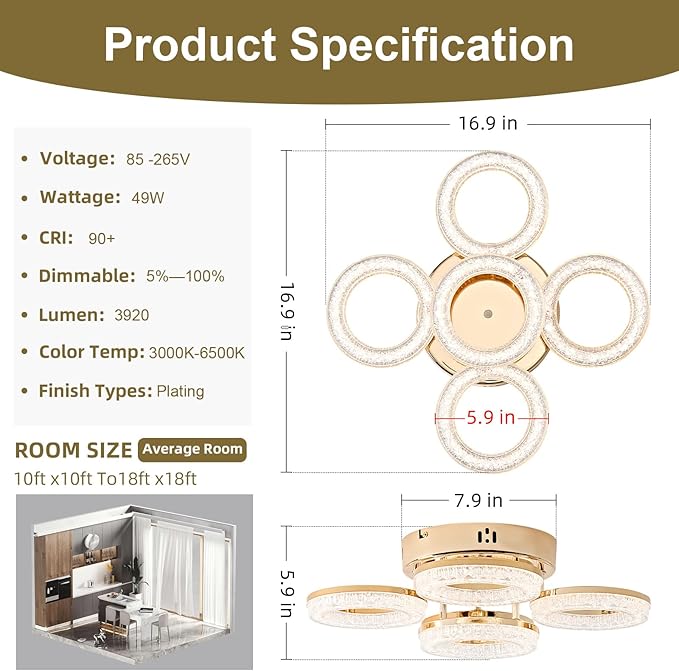 OKELI Modern Ceiling Light, 5 Rings 16.9'' Dimmable LED 49W Flush Mount Ceiling Lights with Remote Acrylic Crystal Round Ceiling Light Fixture, Bedroom Living Room Dining Room, Gold