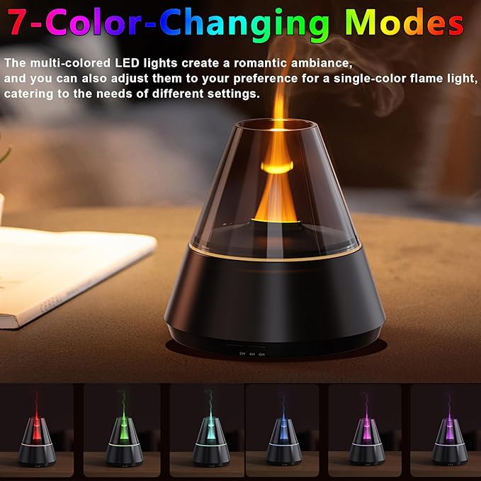 Air Diffuser ，Flame Aroma Diffuser, 120ml Flame Humidifier, Essential Oil Aromatherapy Diffuser with 7-Color Changing LED Lights, Waterless Auto Shut-Off, Ideal for Home, Office, Bedroom, Yoga(White)