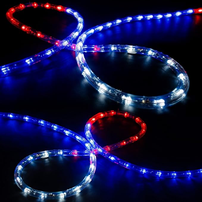 WYZworks 1656LEDs 150ft LED USA Patriotic American Red White Blue Outside Rope Lights, Outdoor ETL Certified Waterproof Permanent 360 Degree Light, Flexible Tube, Connectable, Palm Tree Exterior