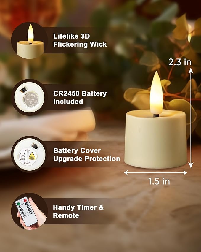 Remote Candles, 12Pcs Timer LED Votive Candle, Realistic 3D Flickering Flameless Tea Light Candles Battery Operated with 2/4/6/8H Timer for Home Decor- Ivory Base