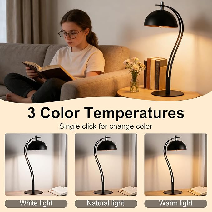 Cordless Table Lamp,Rechargeable LED Reading Light with 3 Colors,Touch Dimmable Night Light,Portable Small Bedside Lamps,Aesthetic Lamp for Bedroom Living Room Office Desk Decor (Black)