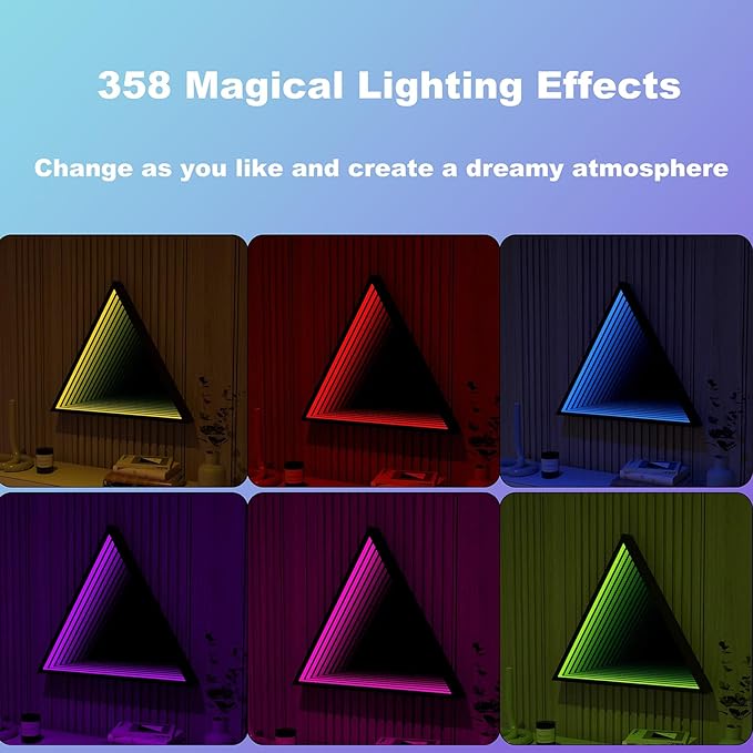 3D Infinity Mirror Light, 19.7" Triangle LED Tunnel Wall Light with 358 LEDs, App & Remote RGB Color Changing Mirror for Gaming Room Decor, Party, Bar, Geometric Art Deco Wall Mounted