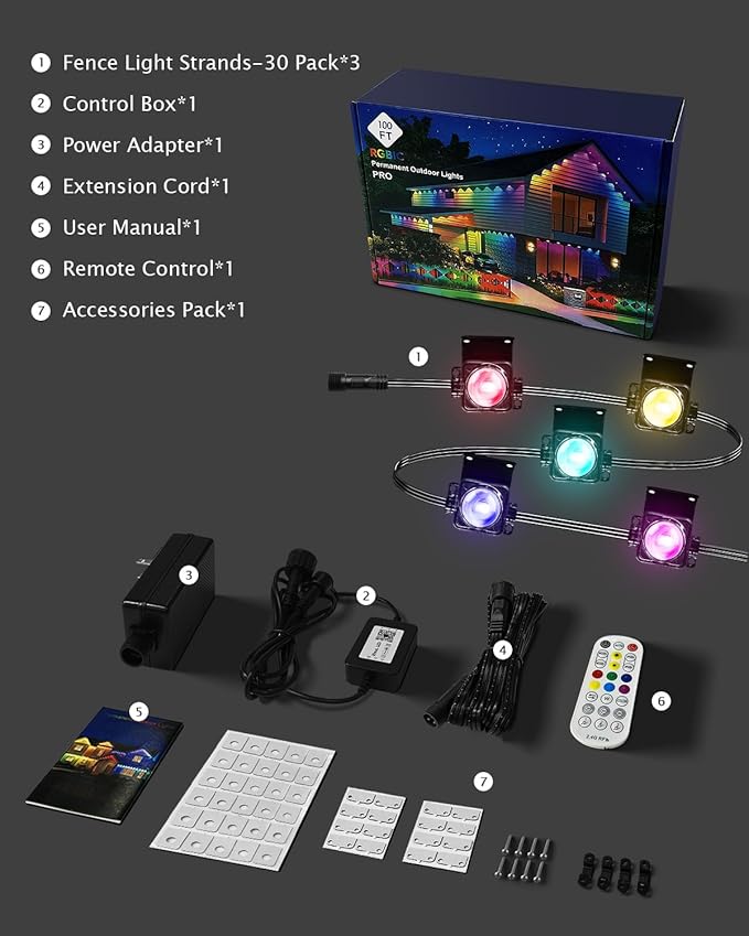 Permanent Outdoor Lights Pro,150ft with 90 LED RGB IC Smart Eave Light for Outdoor Decorations,IP67 Waterproof with Remote/App Control,DIY LED Scenes Modes for House Roof Decor, Black