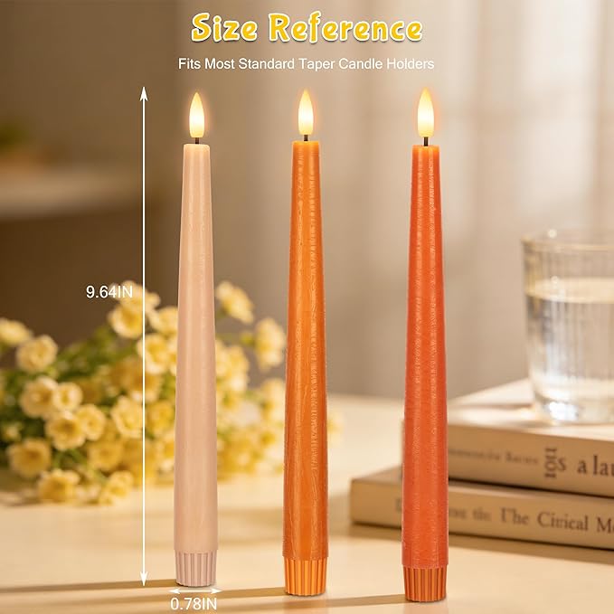 Flameless Taper Candles with Remote, 9.6" Battery Operated Flickering LED Candlesticks, Real Wax Warm Earth Tone Taper Candles for Wedding Centerpieces, Dinner Table, Mantel, Window, 3 Pack
