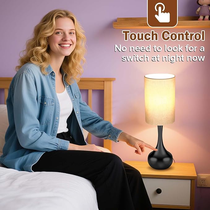 Mid Century Modern Droplet Table Lamp,Touch Control & 3-Way Dimmable,No Assembly Required Cyliner Shade,Black Vintage Farmhouse Bedside Lamp for Bedroom,Nightstand,Living Room,Office