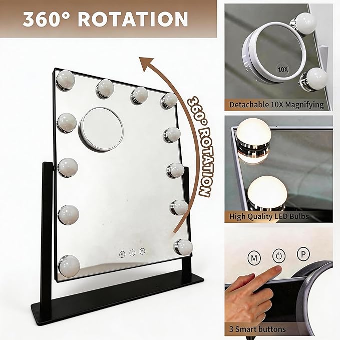 Makeup Vanity Mirror with Lights 17.12"x13.77" LED Makeup Mirror Detachable 10X Magnification, Hollywood Make Up Mirror with Lighting, Smart Touch, Rechargeable,360° Rotation, (Black)