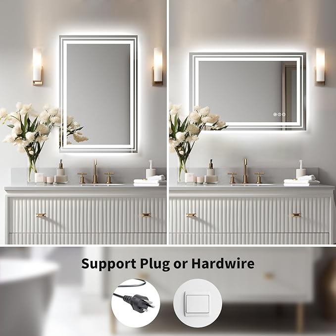 WTTY LED Bathroom Mirror 30"x36" with Backlit and Front Light,Dimmable LED Mirror for Bathroom,Anti-Fog Lighted Bathroom Vanity Mirror Modern for Wall,Memory Function,Shatter-Proof
