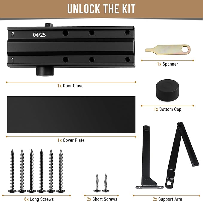 Commercial Door Closer Heavy Duty - Door Automatic Closer Adjustable Spring Size 2-4 - Automatic Door Closers for Home and Commercial Entrances - Non Handed - Fit Doors up to 220 LBS, Aluminum, Black