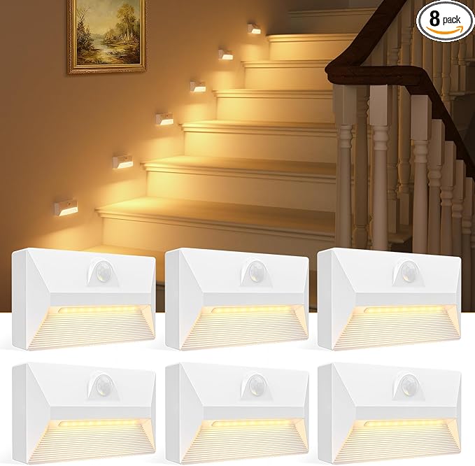 VOLISUN Motion Sensor Stair Light Rechargeable 6 Pack, Night Lights 3 Modes & 3 Color Temperatures, Magnetic Rechargeable Stick-On Lights for Stairs, Hallway, Cabinet(White)