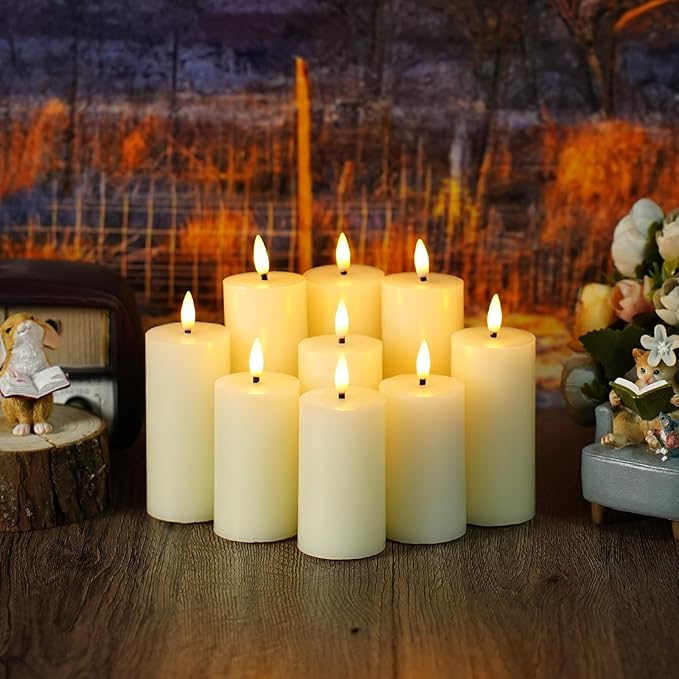 Flameless Candles Real Wax Realistic Pillar Candles, 9 Packs Battery Operated LED Candles with Remote Timer, Ideal for Halloween Home Decor Ivory（D 1.6"*H 4" 4.5" 5.5" ）
