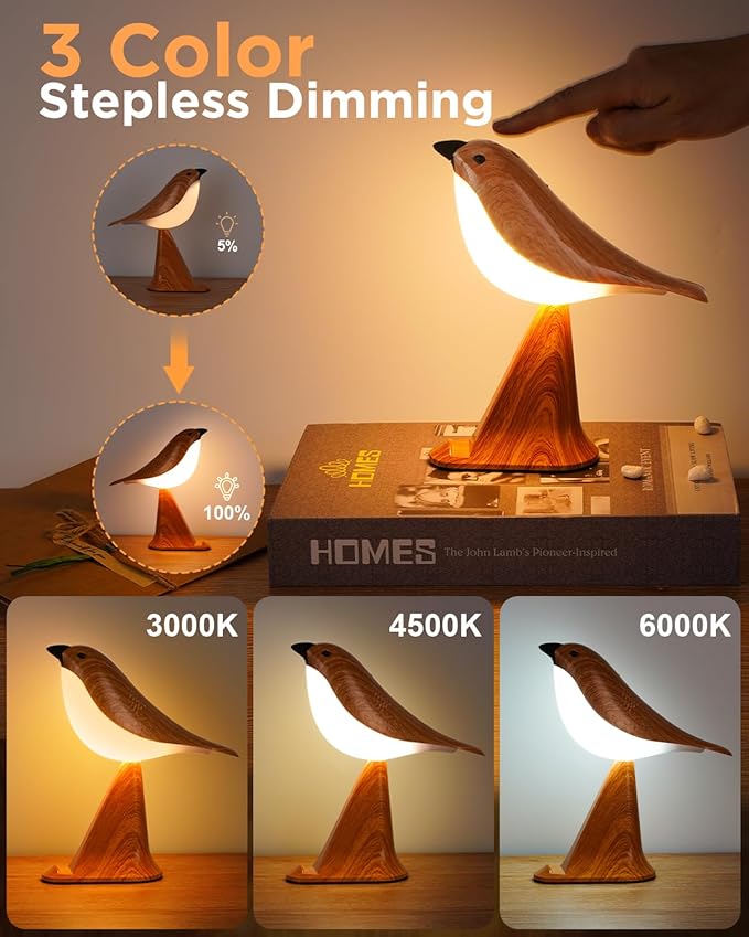 Small Bird Table Lamp, 2600mAh Touch Cordless Bedside Lamp with Remote Control & Phone Holder, 3-Color Dimmable Kids Night Light, Rechargeable Desk Lamp with Timer & Bird Sounds for Toddler Kids