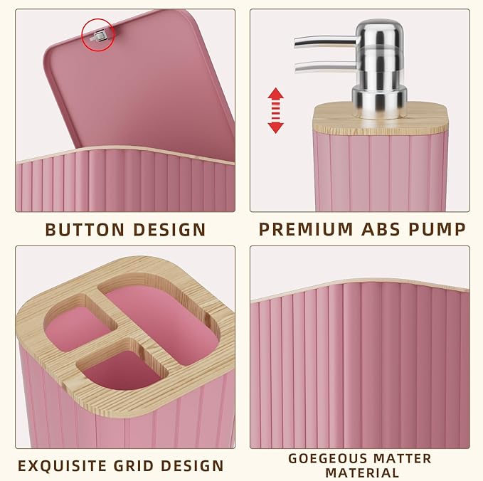 XLHOMO Bathroom Accessories Set - Elegant Pink Bathroom Set, 10PC Bathroom Accessory Set, Toilet Brush, Bathroom Trash Can
