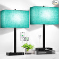 Lynnoland 21" Set of 2 Table lamp with USB A+C & AC Outlets, Touch Control 3-Way Dimmable Nightstand Lamps for Bedroom Living Room Office Reading, Green Shade Touch Lamps, 5000K LED Bulbs Included