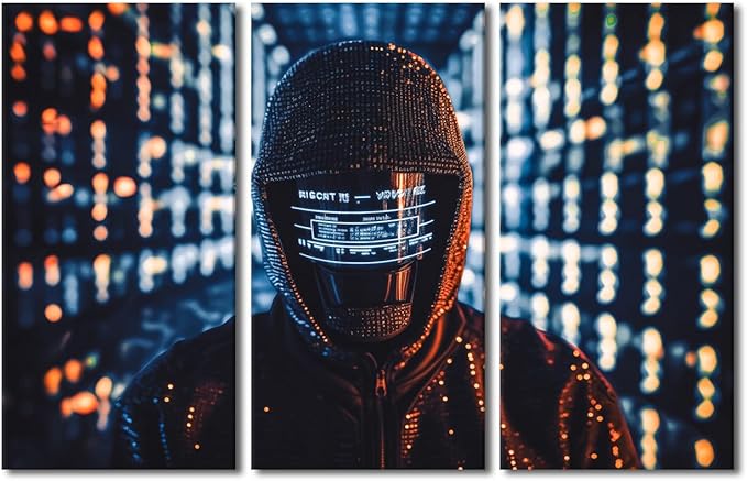 TUMOVO 3 Panel Canvas Wall Art Hacker in Mask on Dark Background with Digital Effects Posters and Prints for Living Room Bedroom Wall Decoration, Stretched Framed Ready to Hang, 60" Wx40 H