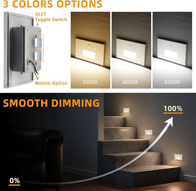 8 Pack Motion Sensor Stair Lights Indoor Outdoor,Dimmable Motion Activated Step Lamp 3000K/4000K/6000K,Hardwired 120V 4W IP65 Waterproof Outside Stairway Light,Led Staircase Lights- White