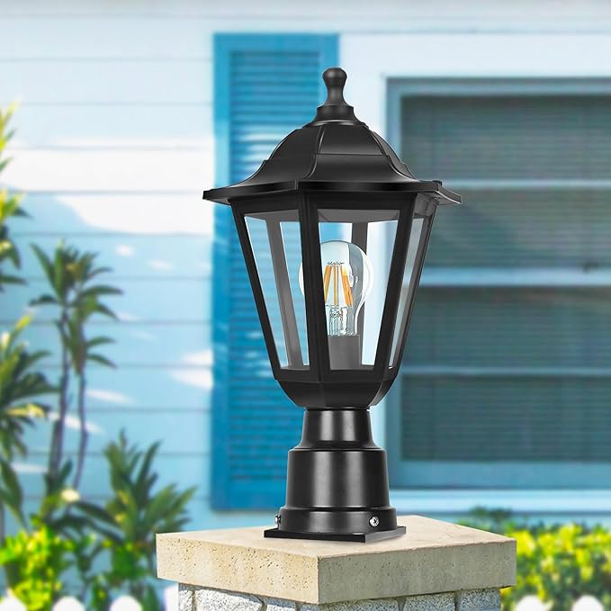 FUDESY Outdoor Post Light, Exterior Lamp Post Light Fixture with Pier Mount Base, Waterproof Pole Lantern Lighting with E26 Socket, Matte Black Plastic Lamp for Garden Patio Pathway(Bulb Included)