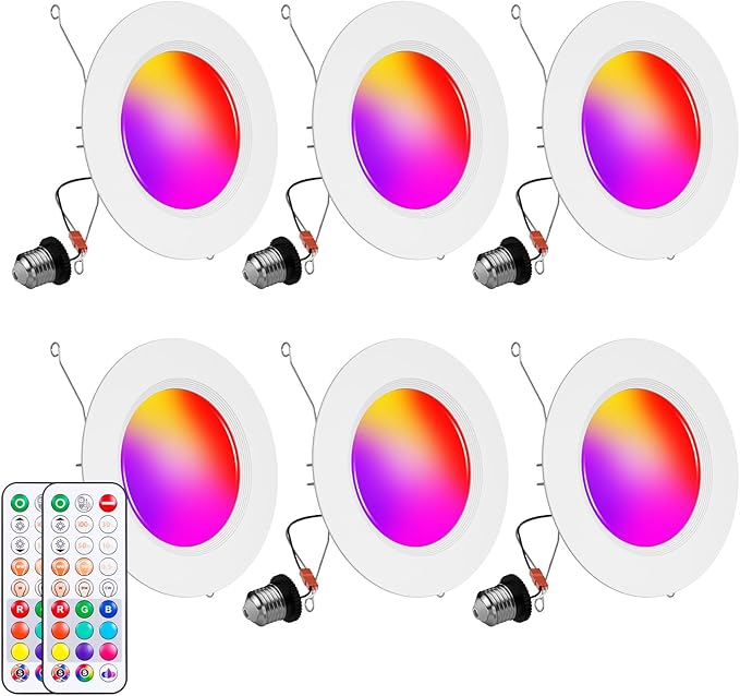 Recessed Lighting 5/6 Inch, 6Pack Color Changing LED Can Lights for Ceiling, 13W 1050LM Retrofit Recessed Lights with Baffle Trim, RGBCW Downlight Dimmable by Remote Control, Memory, Delayed Light Off