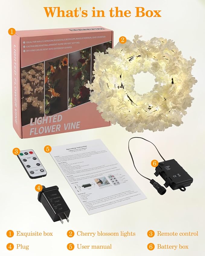 GOESWELL Cherry Blossom Tree Lights for Wall: 7.9FT Lighted Garland for Room and Home Decor - Plug or Battery Operated Artificial Flower Vines for Mantle Fireplace Wedding Party Indoor Outdoor