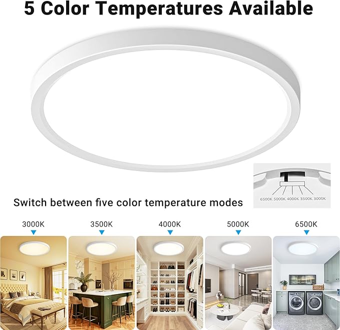 2 Pack LED Flush Mount Ceiling Light,12Inch 24W,3000K/3500K/4000K/5000K/6500K 5 Color Temperatures Ceiling Light Fixture for Kitchen Porch Hallway Bedroom Bathroom and Closet,White