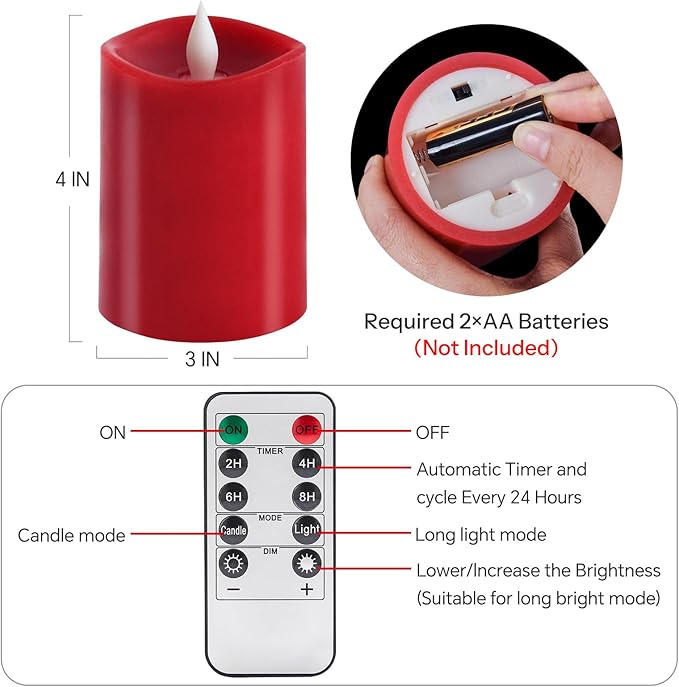 3x4 Flickering Flameless Candles,Real Wax Pillar led Candles Flickering,with Timer,4 inch Flameless Candles with Remote,for Party Wedding Holiday Home Decor,Red