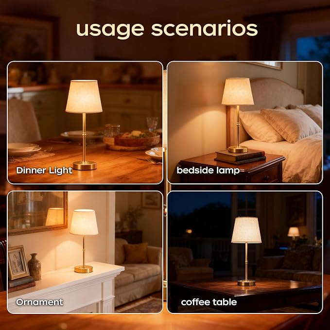 Cordless Table Lamp Rechargeable, LED Table Lamps with Touch Control, Stepless Dimmable Bedside Lamp, 6000mAh Battery Operated USB-C Lamp for Bedroom, Dining, Patio, Small Fabric Lamp Gold 2PCS