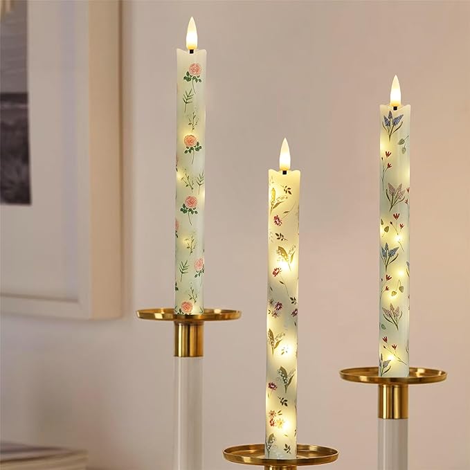 Floral Candles Remote Candlesticks-10inches Timer Flickering Battery Operated Candle Chinoiserie LED Taper Candles Lights for Home Wedding Tea Party Windows Decor,3PCS-RFL