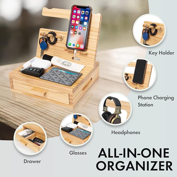 Solid Wood Nightstand Organizer, Docking Station, Gifts for Men, Made of Cedar, Versatile Bedside Table Organizer for Cellphone, Watch, Headphone, Keys Natural Wood