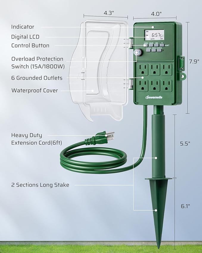 DEWENWILS Outdoor Power Stake Timer, 1800W/15A Digital Timer with 6 Grounded Outlets, 6FT 14/3C Extension Cord, Waterproof Heavy Duty Outlet for Lights, Yard, Garden, ETL Listed