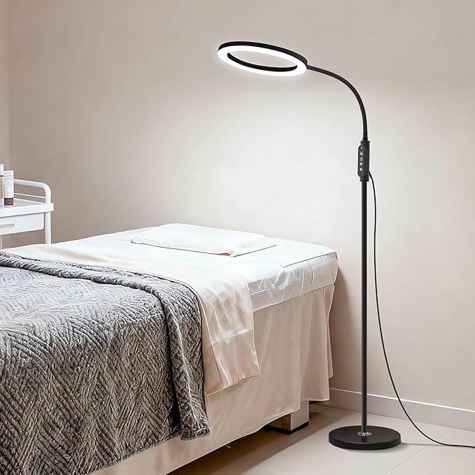 Bright 24W Dimmable LED Floor Lamps with Remote Adjustable Gooseneck Standing Light for Reading Makeup Tattoo Lash Extensions Black Modern Smart Tall Lamp Living Room Bedroom Office