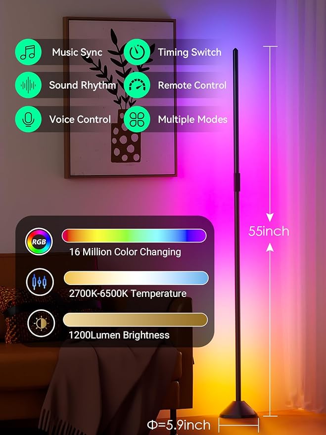 TJOY LED Floor Lamp RGB+IC, Smart Corner Lamp Work with Alexa&Google Home,1200LM, Modern Floor Lamp with 16 Million DIY Colors, Music Sync, Color Changing Lamp,Timer, for Living Room Bedroom,1 Pack