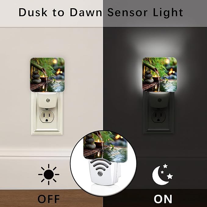 Bamboo Night Lights Plug Into Wall, Zen Natural Stones Water None Green Smart Outlet Plug in Led Night Light Lamp for Living Room Family Room Bedroom Decor 1pcs