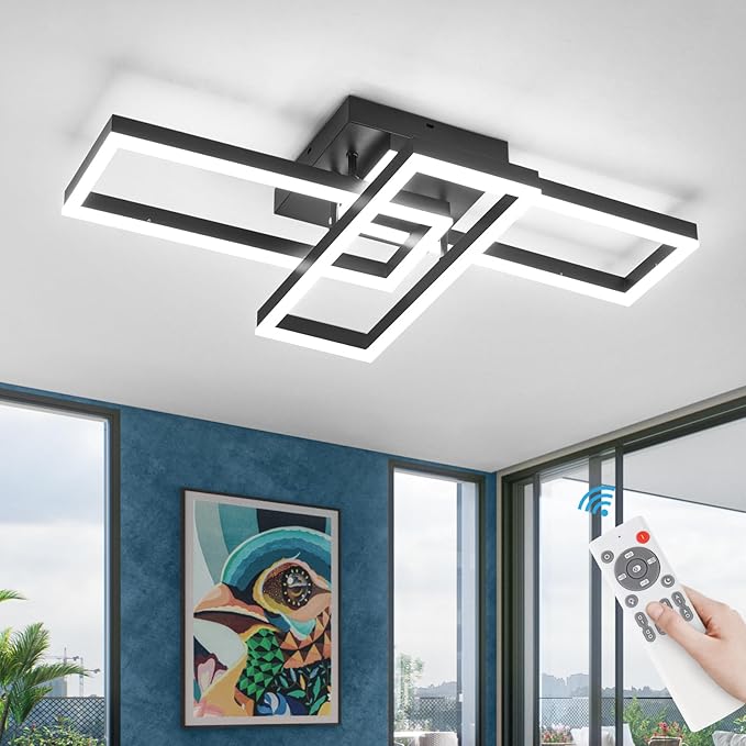 Modern Led Ceiling Light Fixtures, Black Flush Mount 3-Square Ceiling Light with Remote Control&APP, Dimmable, 40W Acrylic for Bedroom, Kitchen, Dining Room