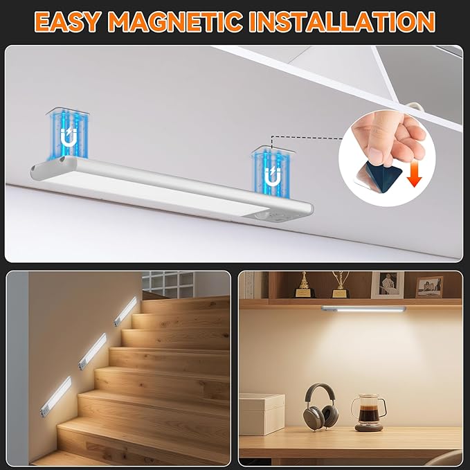 Under Cabinet Lighting Wireless, Rechargeable Motion Sensor Light Indoor, 3 Color Dimmable Closet Light Battery Operated with LED Power Display, Magnetic Under Counter Lights for Kitchen, Home (6Pack)