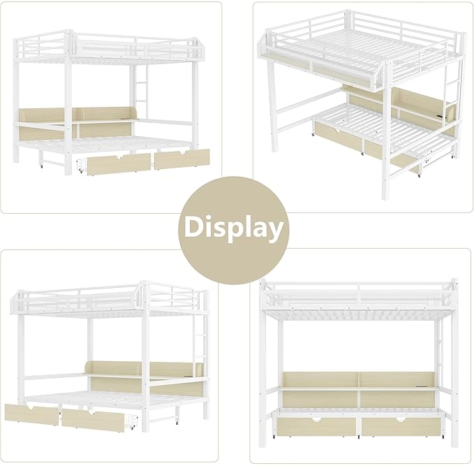 Bellemave Queen Over Queen Metal Bunk Bed with Storage Drawers and Shelves, Heavy Duty Bunk Beds with LED Lights and Charging Station for Kids,Adults,Convertible into a Sofa Bed,White